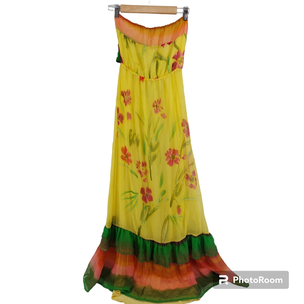 Sweetees Yellow Foral Silk Maxi Dress with Ruffles open back with tie